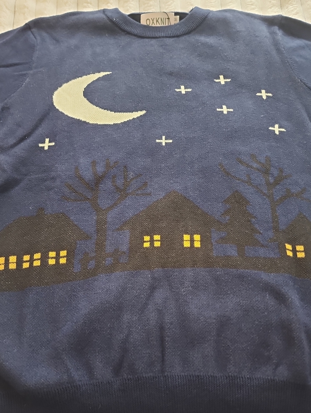 OXKNIT Navy Nightscape Sweater with Moon and Village - Picture 3 of 5